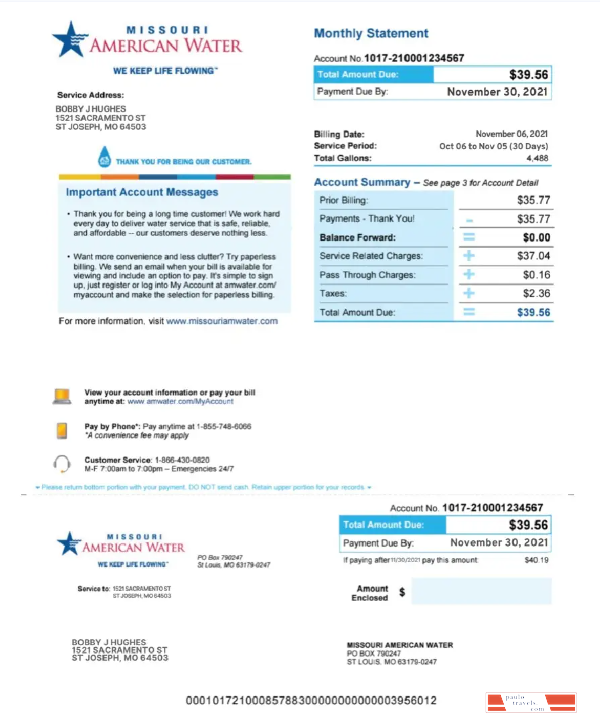 USA MISSOURI AMERICAN WATER utility bill Word and PDF template